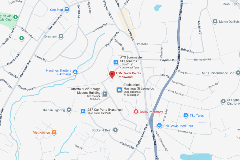 Map of the St Leonards-on-Sea area with a pin marking the location of LDM Trade Paints on Menzies Road