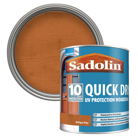 Can of Sadolin Quick Dry UV Protection Woodstain with Antique Pine colour swatch