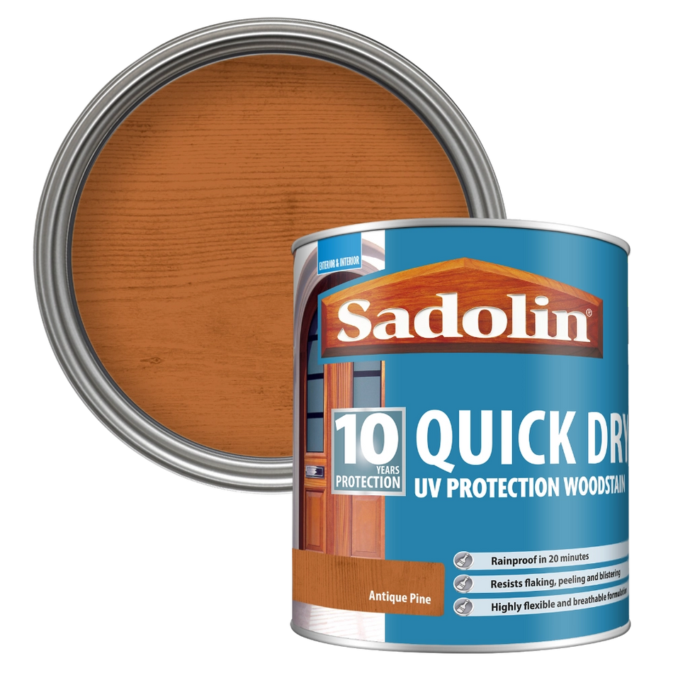 Can of Sadolin Quick Dry UV Protection Woodstain with Antique Pine colour swatch