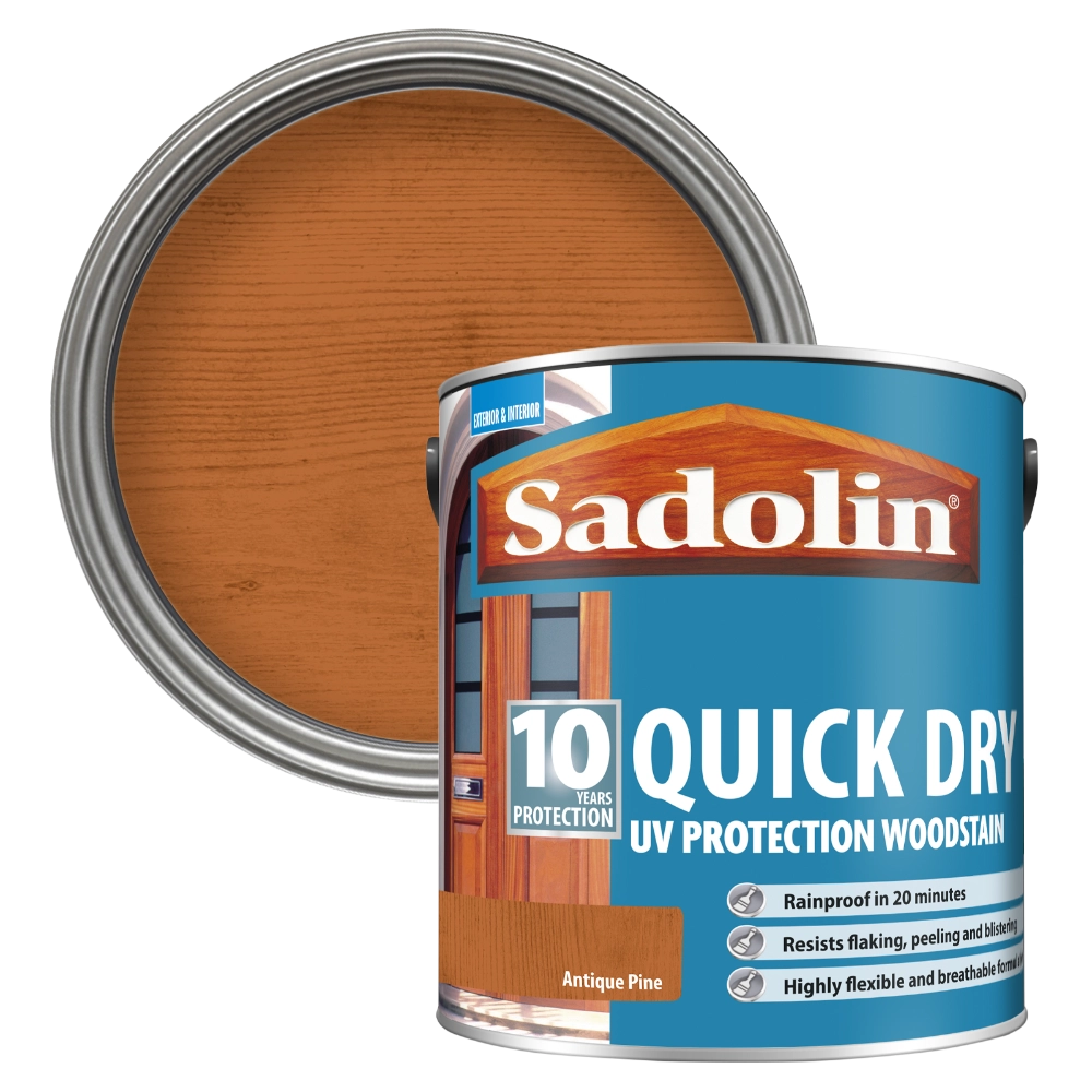Sadolin quick dry woodstain can with Antique Pine Colour Swatch