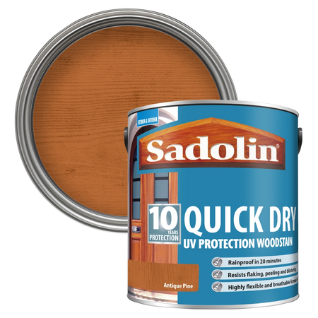 Sadolin quick dry woodstain can with Antique Pine Colour Swatch