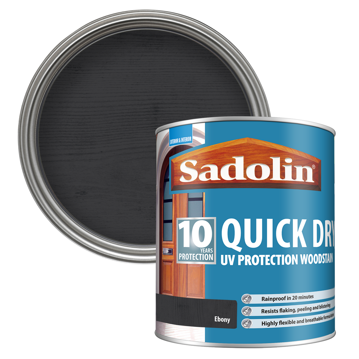 Can of Sadolin quick-dry woodstain with a Ebony colour swatch