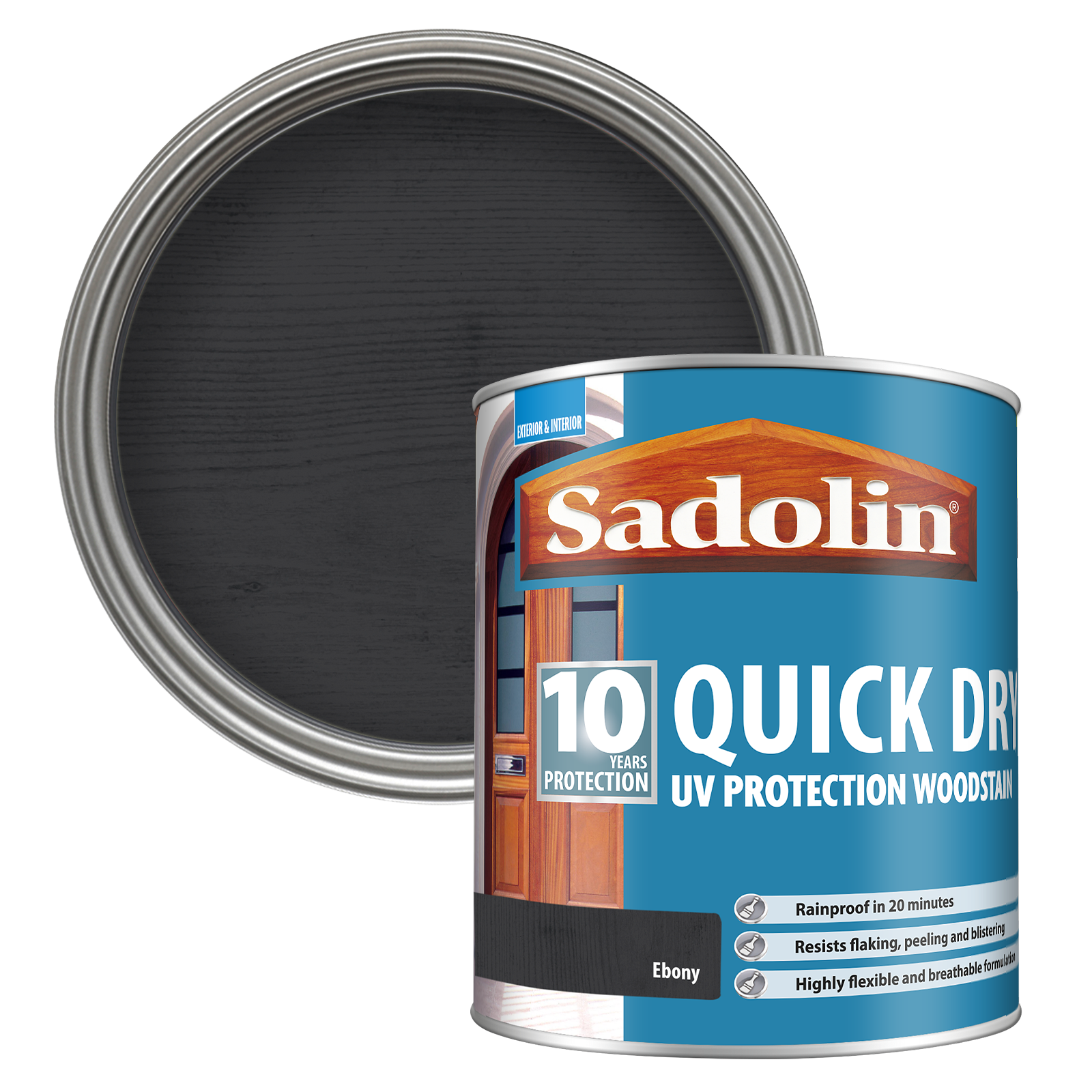 Can of Sadolin quick-dry woodstain with a Ebony colour swatch