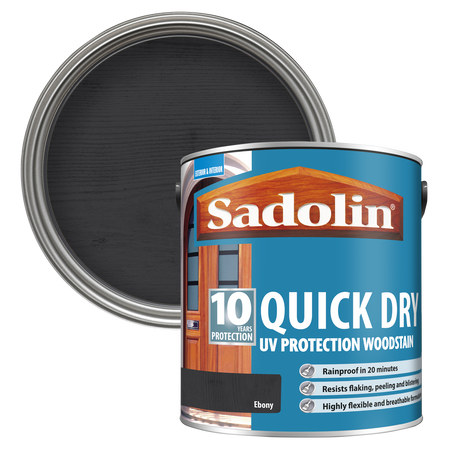 Can of Sadolin quick dry woodstain with a Ebony colour swatch