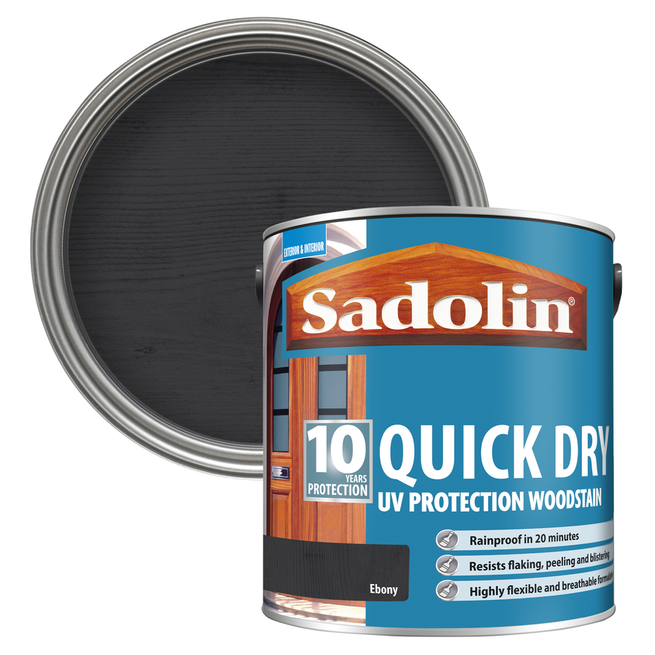 Can of Sadolin quick dry woodstain with a Ebony colour swatch