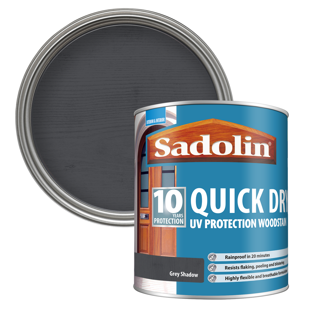 Can of Sadolin quick-dry woodstain with a Grey Shadow colour swatch