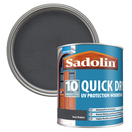 Can of Sadolin quick-dry woodstain with a Grey Shadow colour swatch
