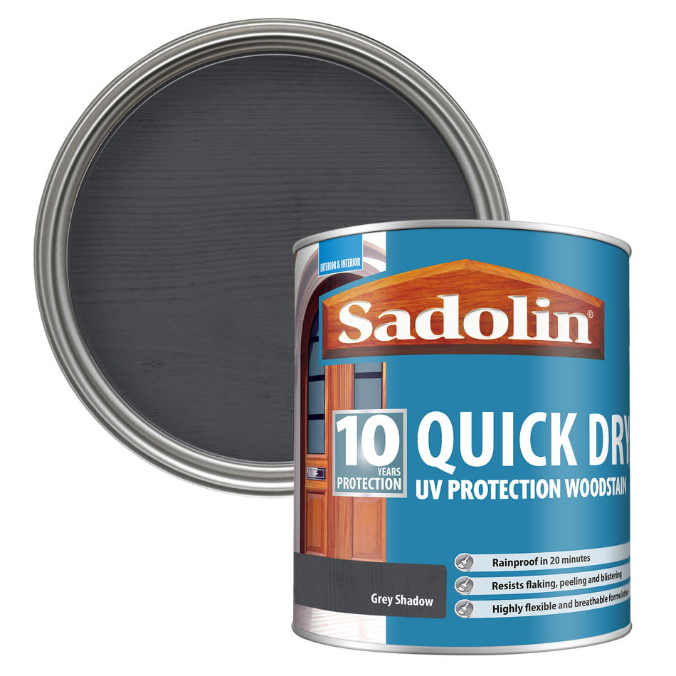 Can of Sadolin quick-dry woodstain with a Grey Shadow colour swatch
