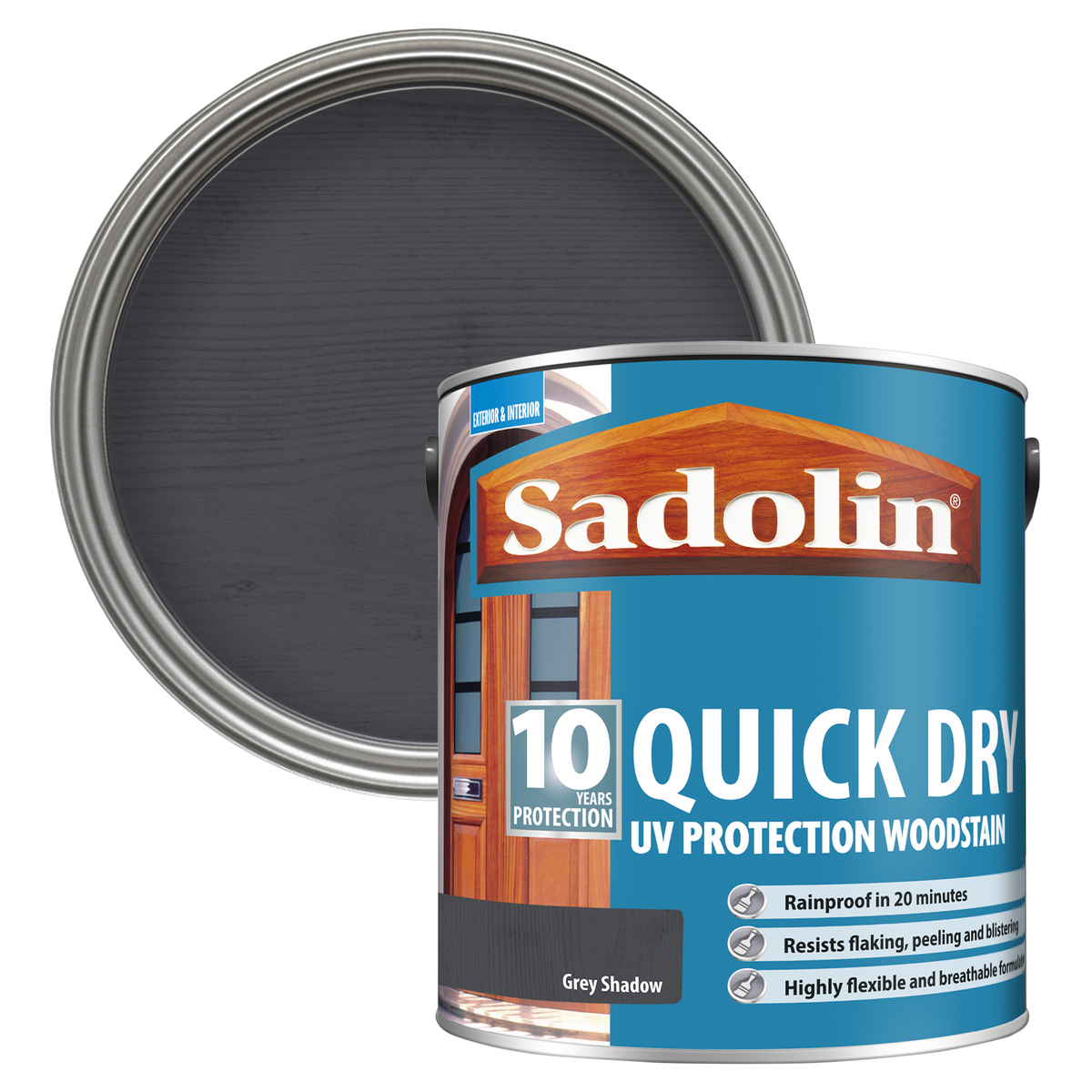 Can of Sadolin quick dry woodstain with a Grey Shadow colour swatch