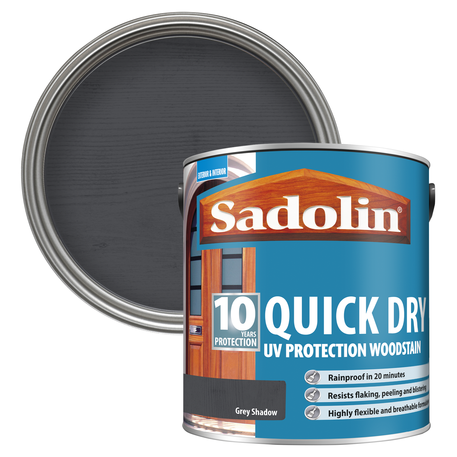 Can of Sadolin quick dry woodstain with a Grey Shadow colour swatch