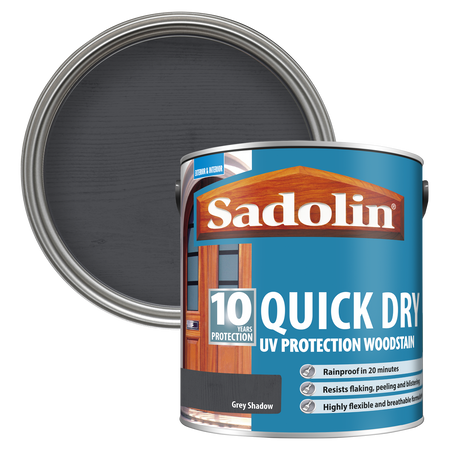 Can of Sadolin quick dry woodstain with a Grey Shadow colour swatch