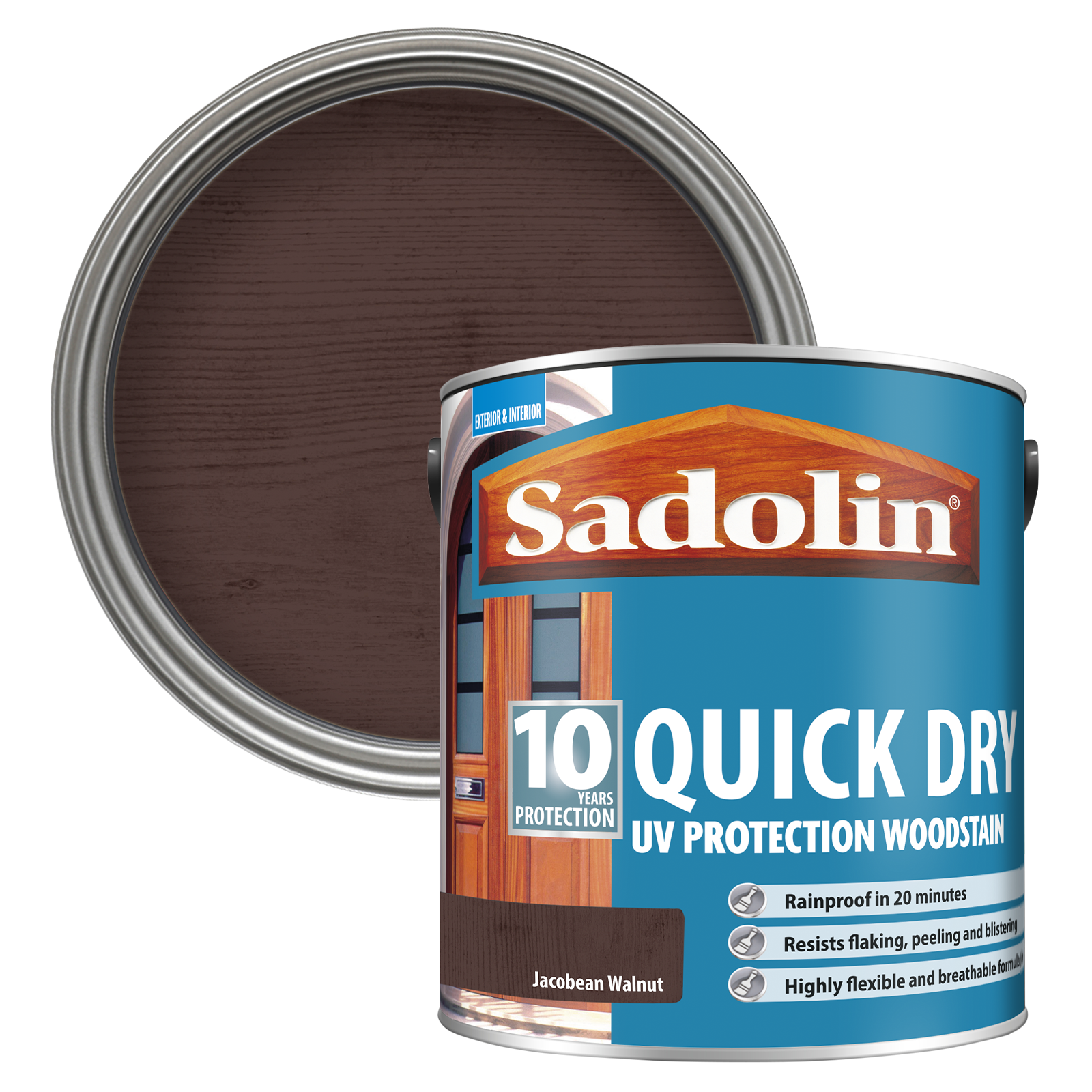Can of Sadolin quick dry woodstain with a Jacobean Walnut colour swatch