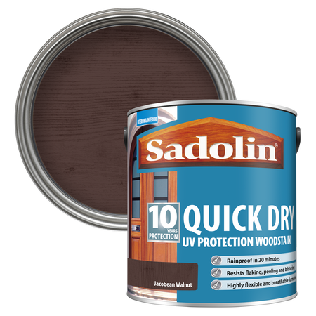 Can of Sadolin quick dry woodstain with a Jacobean Walnut colour swatch