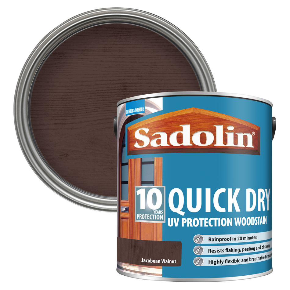 Can of Sadolin quick dry woodstain with a Jacobean Walnut colour swatch
