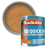 Can of Sadolin Quick Dry UV Protection Woodstain with a Light Oak olour swatch