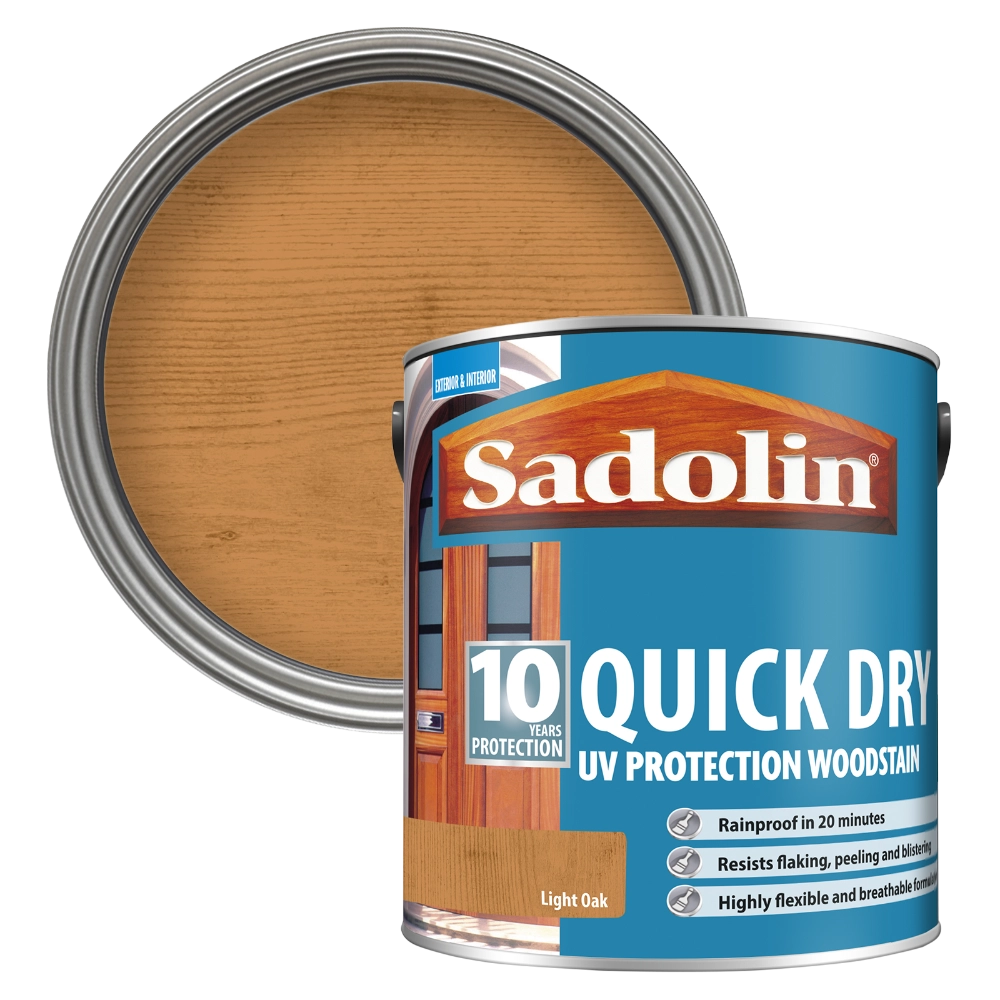 Sadolin quick dry woodstain can with a Light Oak colour swatch