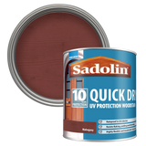 Sadolin woodstain can with mahogany color swatch on a white background