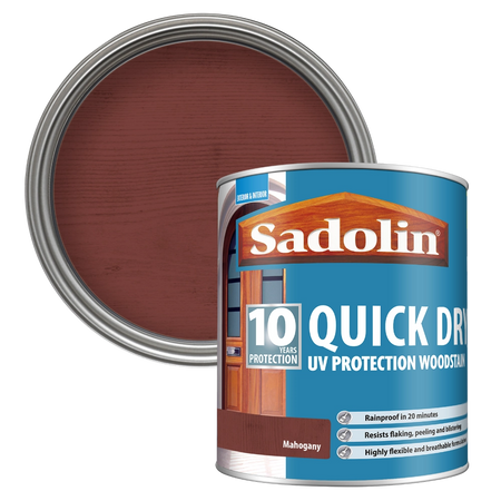 Sadolin woodstain can with mahogany color swatch on a white background