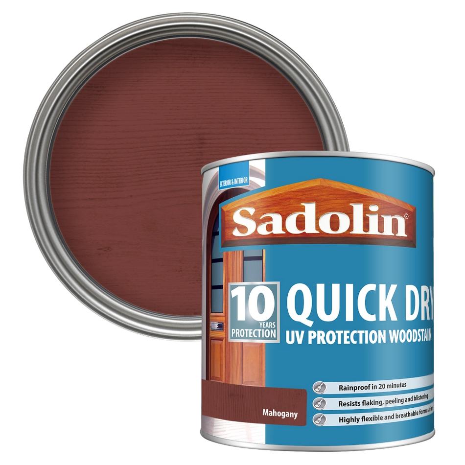 Sadolin woodstain can with mahogany color swatch on a white background