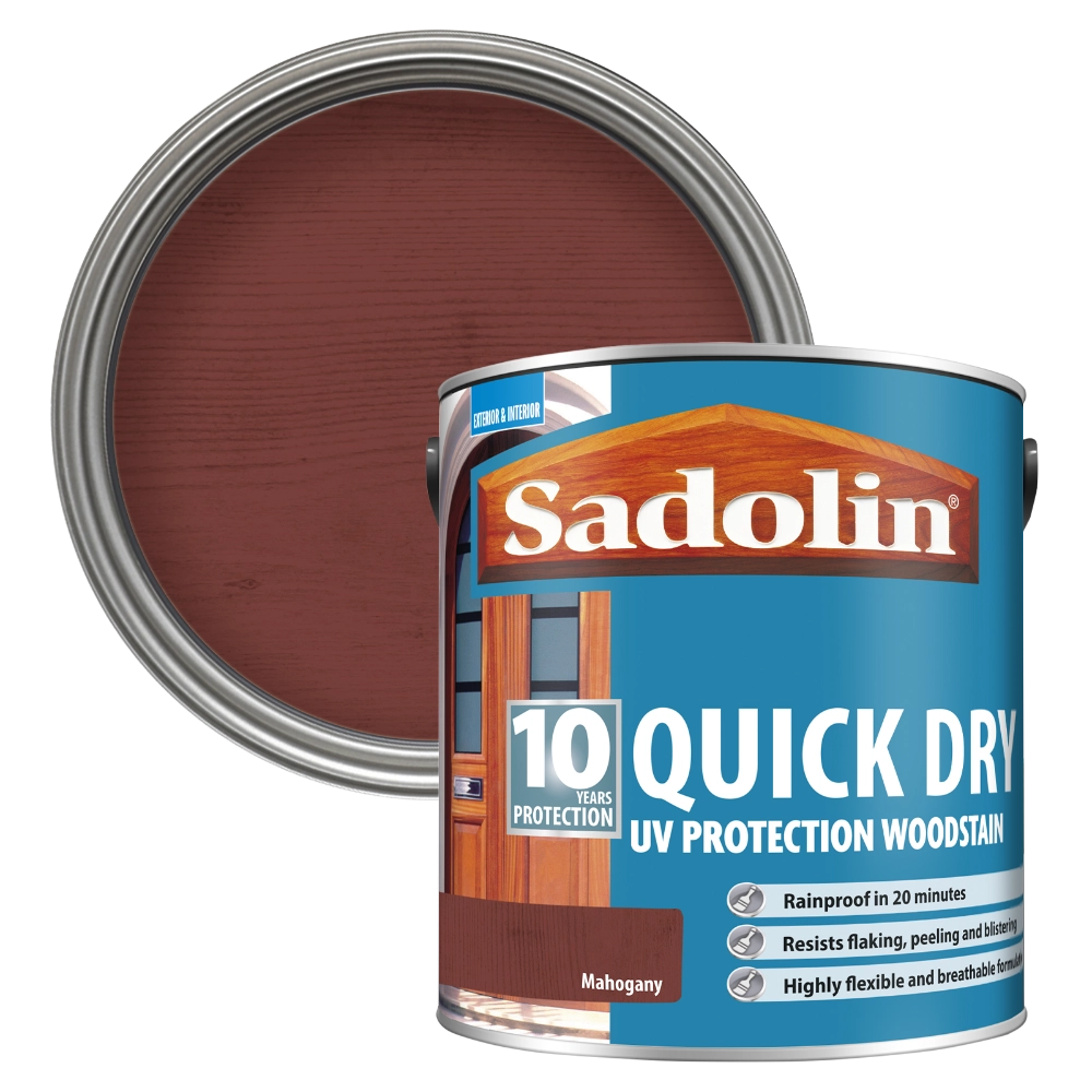 Sadolin quick dry woodstain can with mahogany color swatch