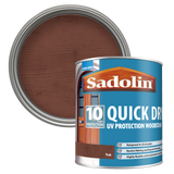 Can of Sadolin quick-dry UV protection woodstain with a Teak colour swatch