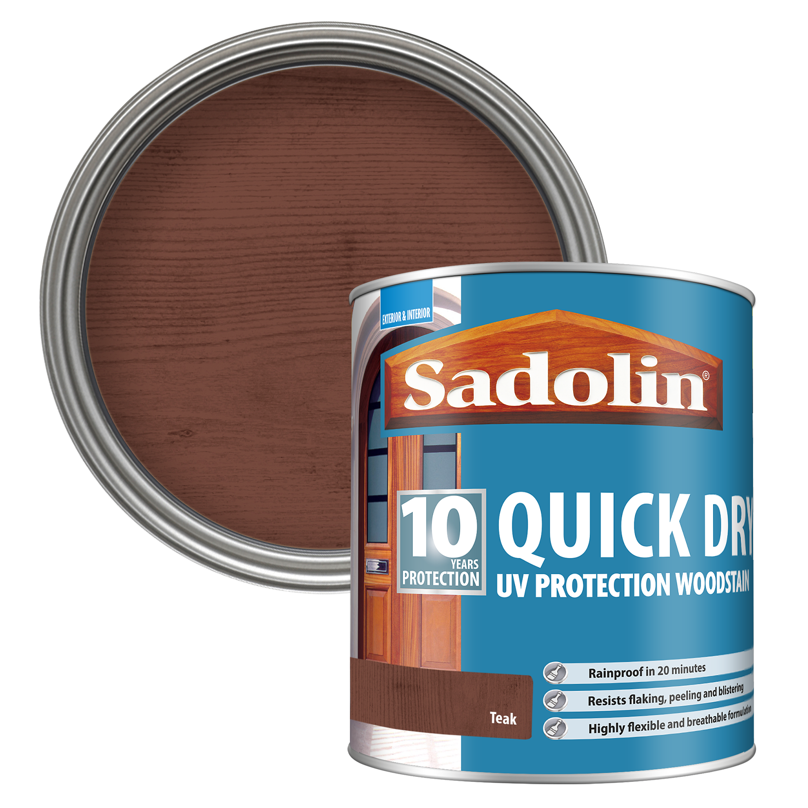 Can of Sadolin quick-dry UV protection woodstain with a Teak colour swatch
