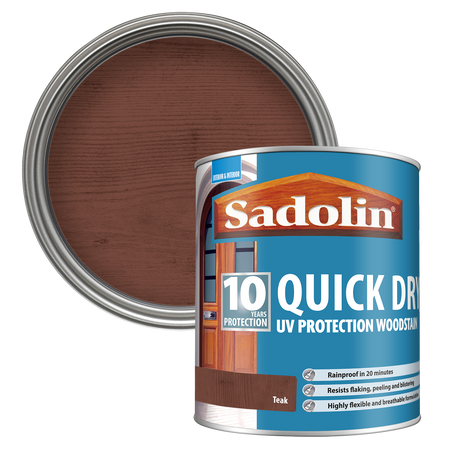 Can of Sadolin quick-dry UV protection woodstain with a Teak colour swatch