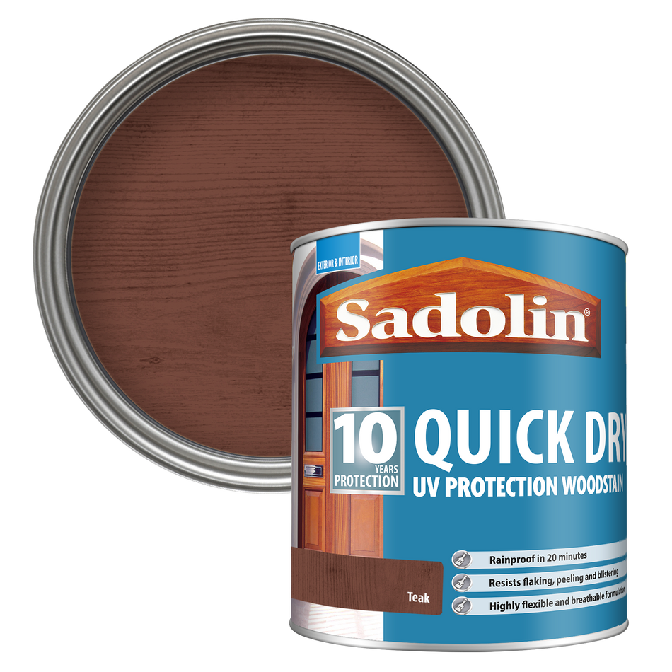 Can of Sadolin quick-dry UV protection woodstain with a Teak colour swatch