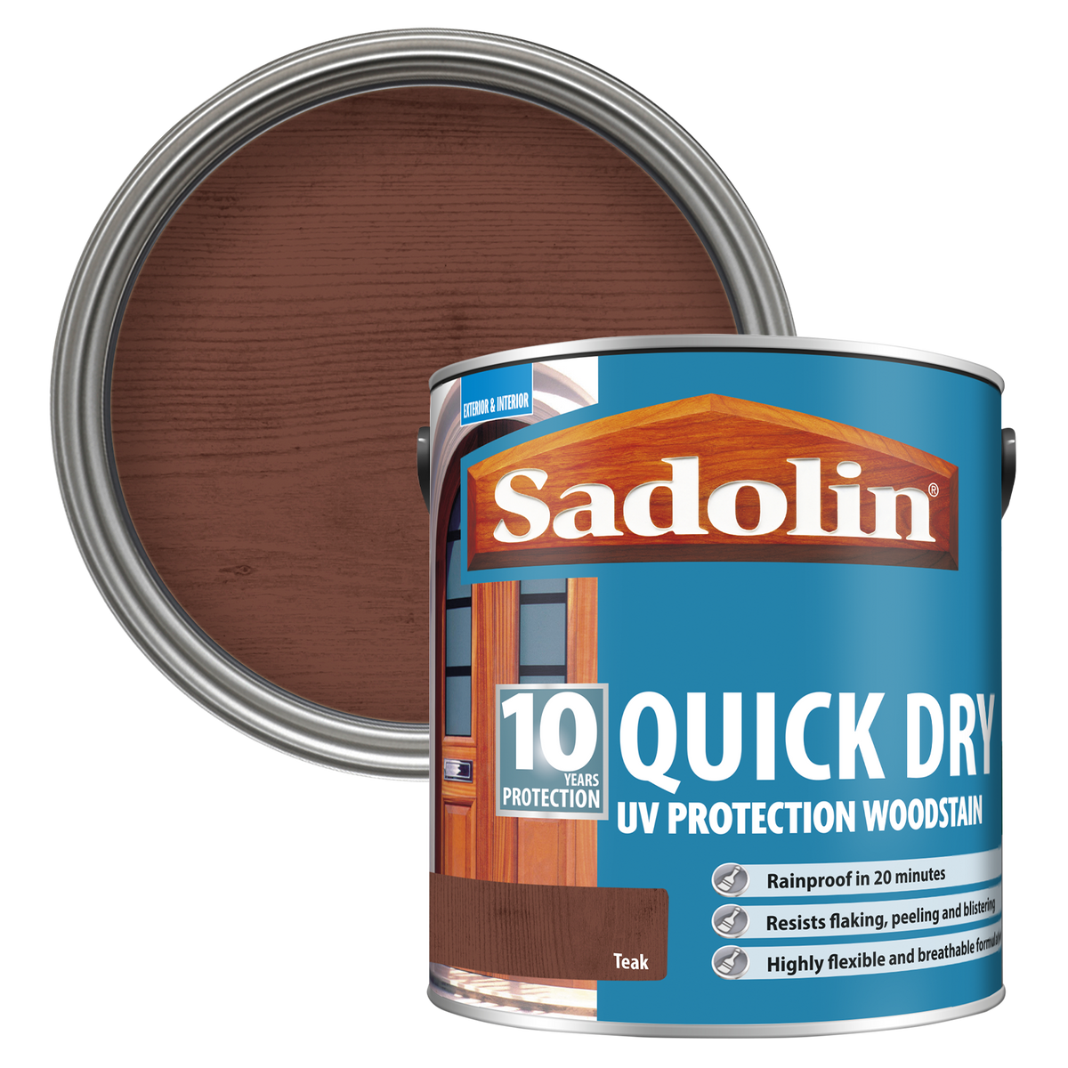 Sadolin quick dry woodstain can with a Teak colour swatch
