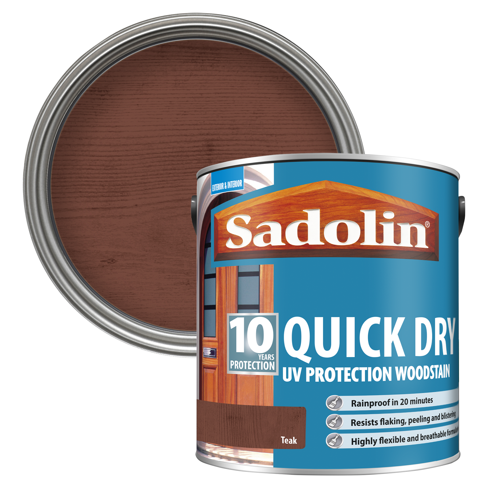 Sadolin quick dry woodstain can with a Teak colour swatch