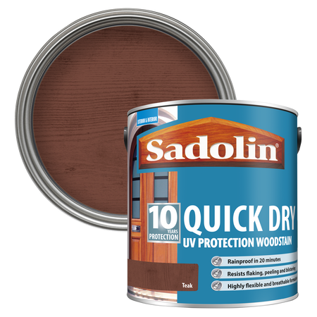 Sadolin quick dry woodstain can with a Teak colour swatch