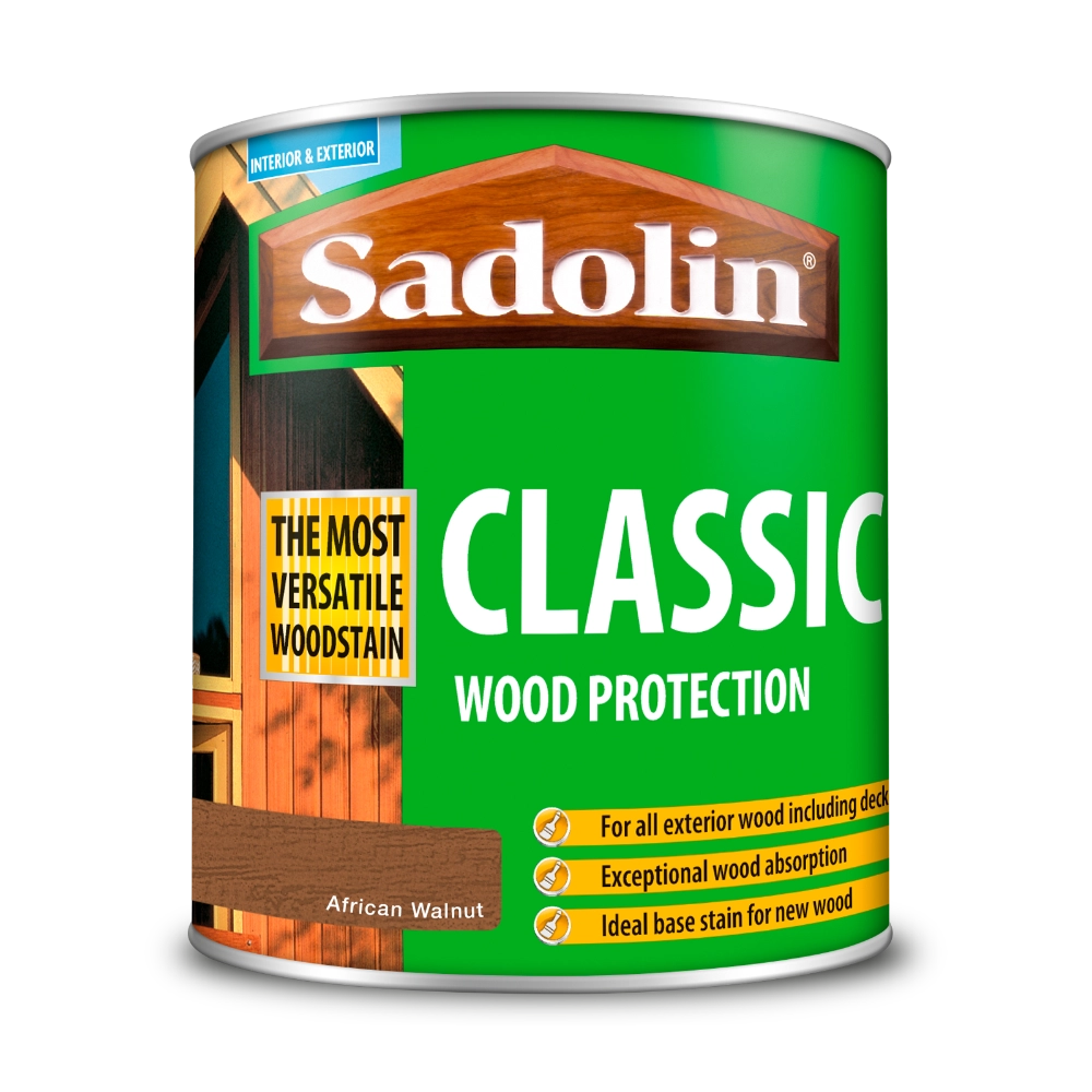 Can of Sadolin Classic Wood Protection wood stain in African Walnut on a white background
