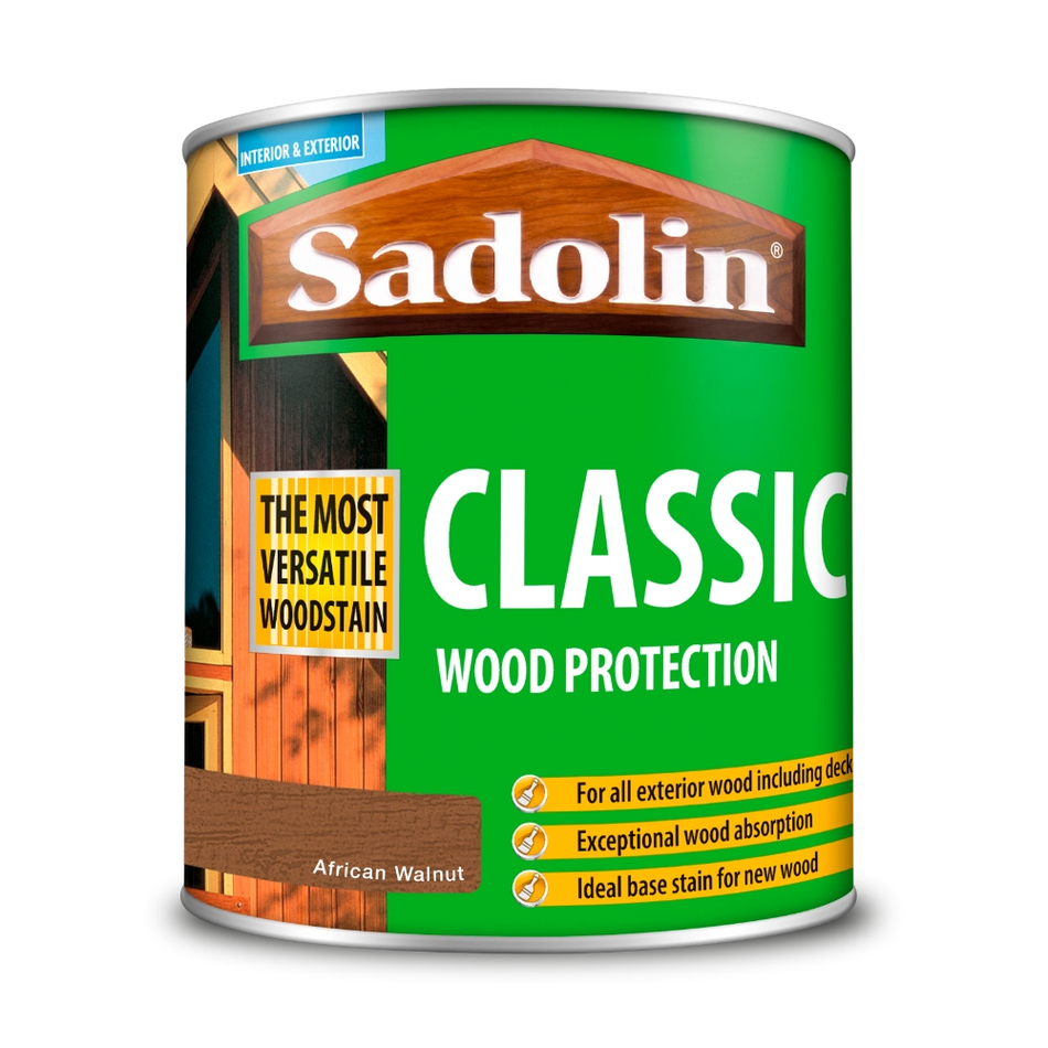 Can of Sadolin Classic Wood Protection wood stain in African Walnut on a white background