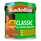 Sadolin Classic All Purpose Woodstain Antique Pine can with green label and wooden texture