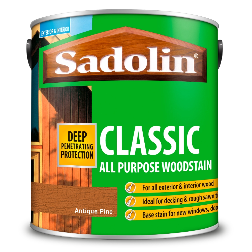 Sadolin Classic All Purpose Woodstain Antique Pine can with green label and wooden texture