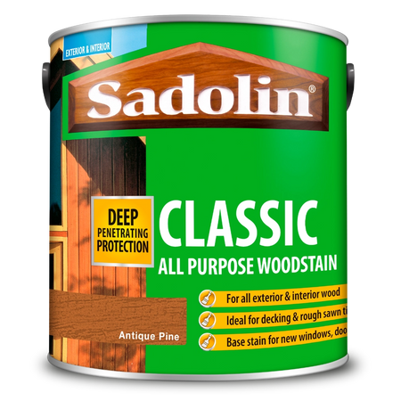 Sadolin Classic All Purpose Woodstain Antique Pine can with green label and wooden texture