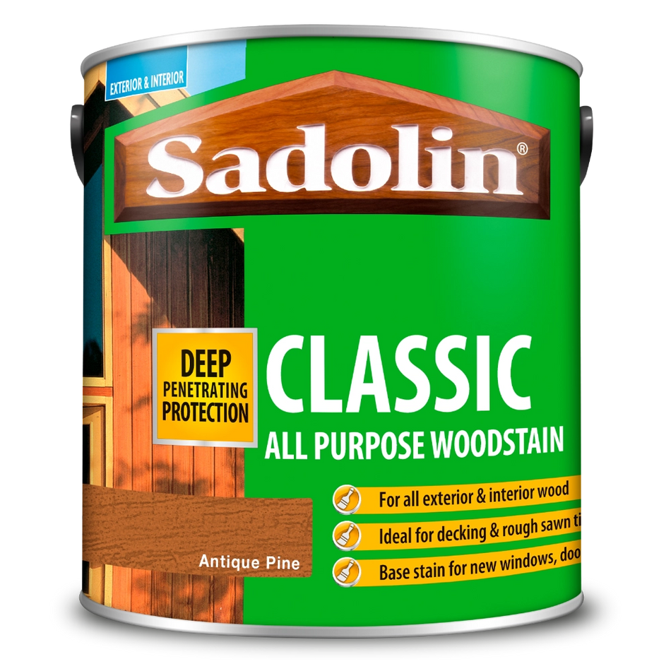 Sadolin Classic All Purpose Woodstain Antique Pine can with green label and wooden texture
