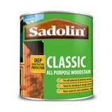 Can of Sadolin Classic All Purpose Woodstain with green label and wooden background