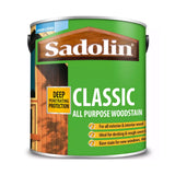 Can of Sadolin Classic All Purpose Woodstain with green label and wooden background