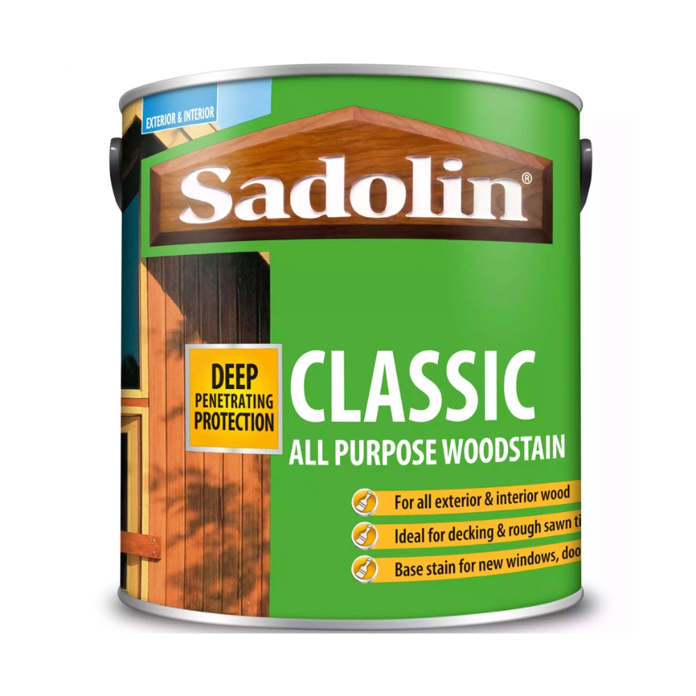 Can of Sadolin Classic All Purpose Woodstain with green label and wooden background