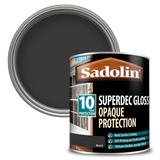 Can of Sadolin Superdec Gloss exterior paint with a black lid on a white background