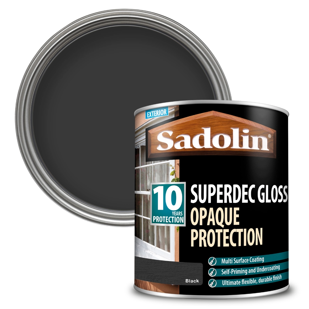 Can of Sadolin Superdec Gloss exterior paint with a black lid on a white background