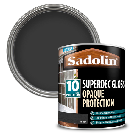 Can of Sadolin Superdec Gloss exterior paint with a black lid on a white background