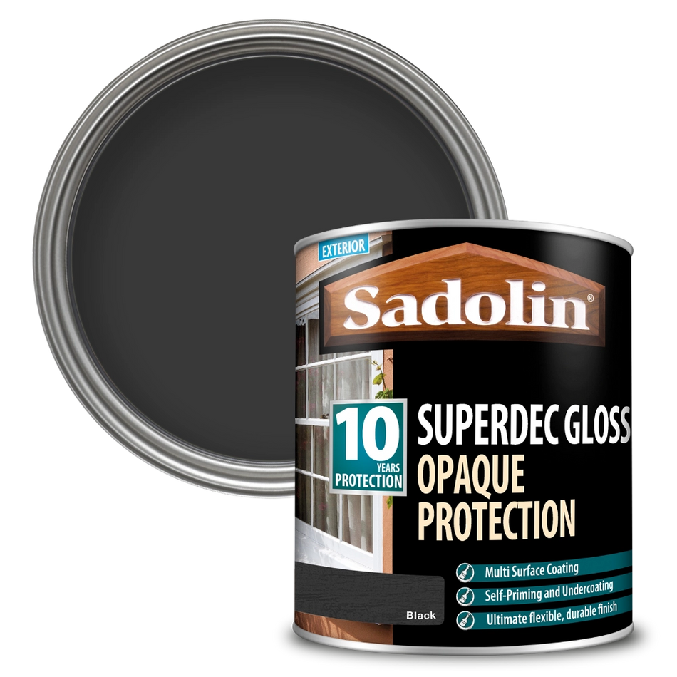 Can of Sadolin Superdec Gloss exterior paint with a black lid on a white background