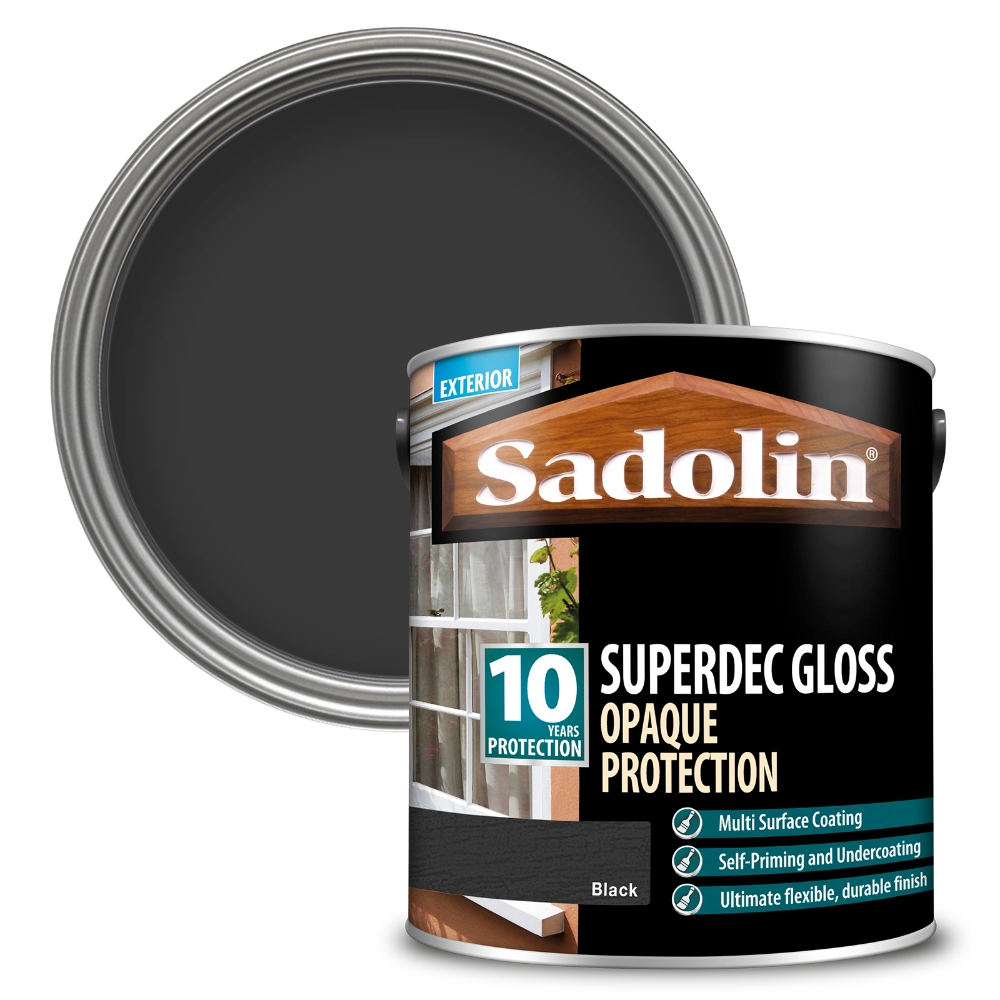 Sadolin Superdec Gloss Opaque Protection paint can with black paint inside