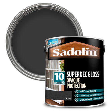 Sadolin Superdec Gloss Opaque Protection paint can with black paint inside