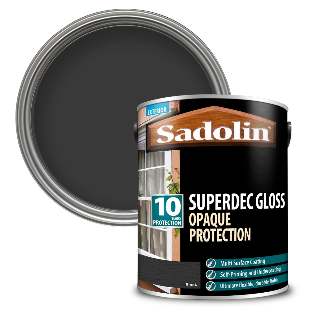 Sadolin Superdec Gloss Opaque protection paint can with black paint inside