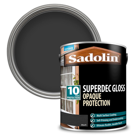 Sadolin Superdec Gloss Opaque protection paint can with black paint inside