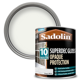 Sadolin Superdec Gloss paint can with a sample of white paint on a white background