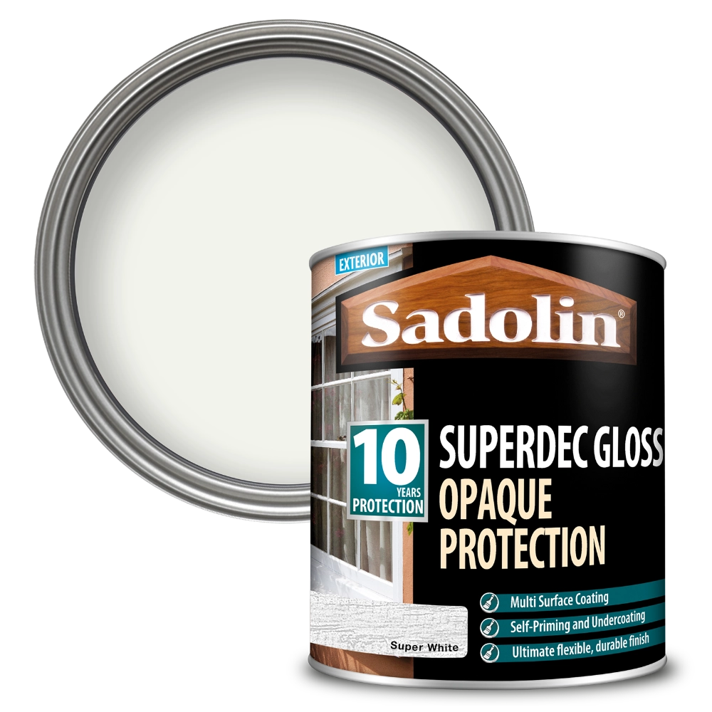 Sadolin Superdec Gloss paint can with a sample of white paint on a white background